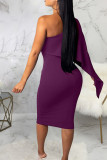 Purple Sexy Solid Patchwork Asymmetrical Oblique Collar A Line Dresses