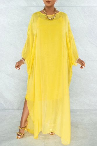 Yellow Fashion Casual Solid See-through O Neck Long Sleeve Two Pieces