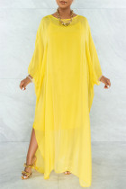 Желтые модные повседневные однотонные прозрачные с круглым вырезом и длинным рукавом из двух частей