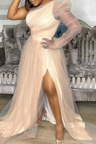 Золотая мода Сексуальная однотонная спинка с разрезом и косым воротником с длинным рукавом Платья больших размеров