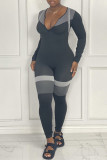 Combinaisons skinny à col zippé et imprimé patchwork de vêtements de sport décontractés gris