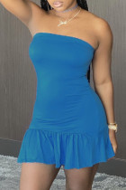 Blauwe sexy effen patchwork strapless A-lijn jurken