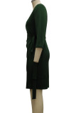Green Casual Solid Bandage Patchwork Fold V Neck One Step Skirt Dresses
