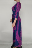 Blue Purple Fashion Casual Print Bandage V Neck Long Sleeve Dresses