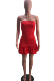 Rode sexy effen patchwork strapless A-lijn jurken