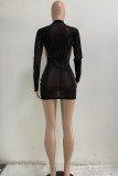 Black Fashion Sexy Solid Hollowed Out O Neck Wrapped Skirt Dresses