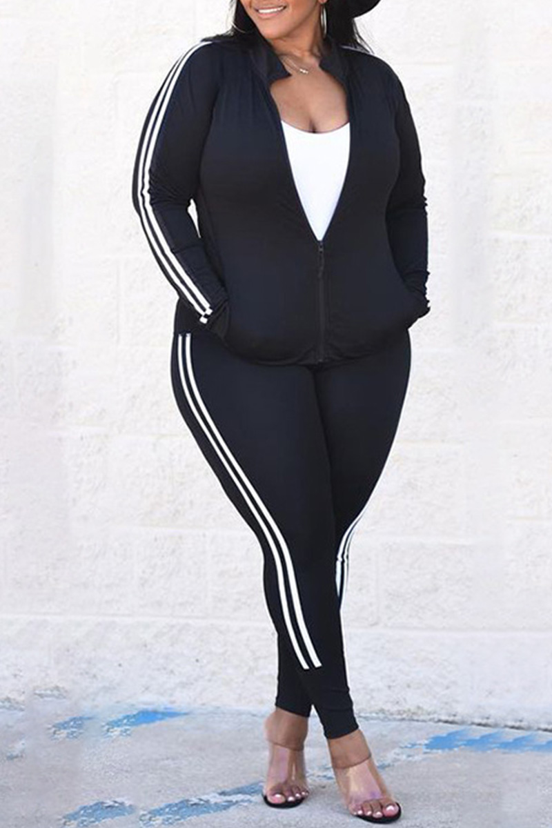 

Black Fashion Casual Striped Split Joint Zipper Collar Plus Size Two Pieces