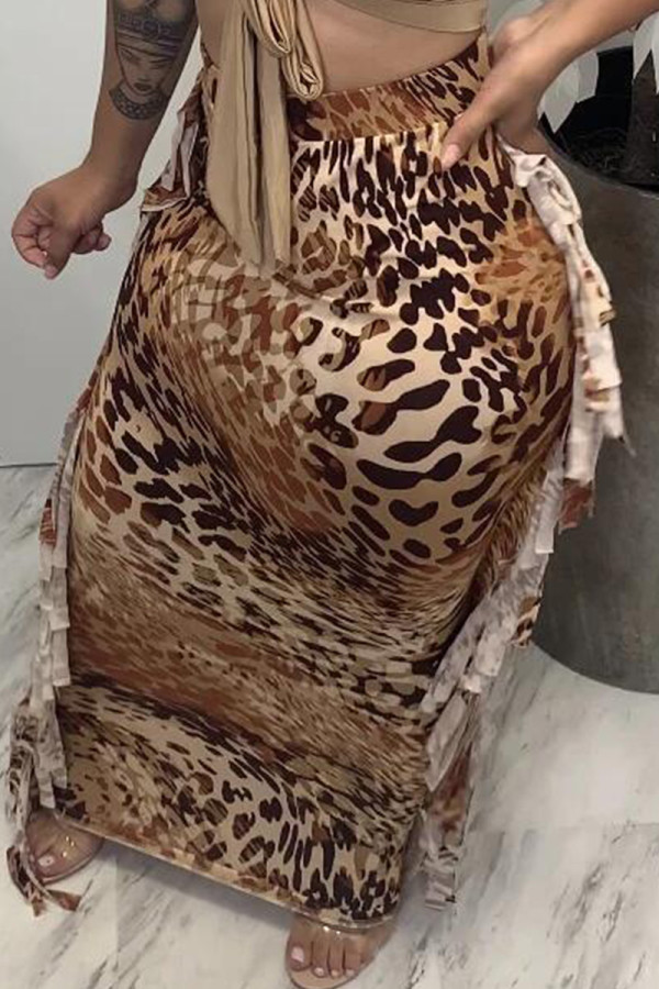 Gele mode casual print luipaard kwastje normale hoge taille rok