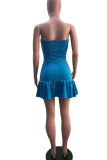 Blue Sexy Solid Patchwork Strapless A Line Dresses