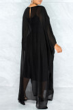 ブラックファッションカジュアルソリッドシースルーOネック長袖ツーピース