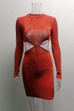 Apricot Sexy Solid Hollowed Out Half A Turtleneck Pencil Skirt Dresses