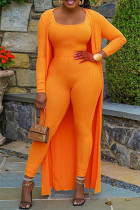 Оранжевый модный повседневный однотонный кардиган с круглым вырезом и длинным рукавом из двух частей