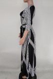 Black And White Fashion Casual Print Bandage V Neck Long Sleeve Dresses