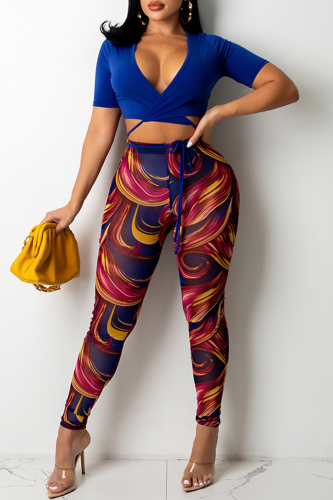 Blue Sexy Print Patchwork V Neck Short Sleeve Two Pieces