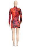Multicolor Fashion Sexy Print Bandage Hollowed Out Half A Turtleneck Long Sleeve Dresses