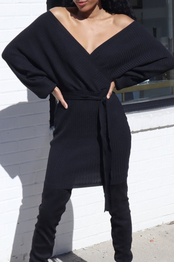 Vestidos de falda de un paso con cuello en V de patchwork de vendaje sólido casual negro