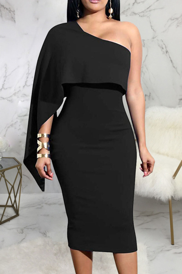 Schwarze, sexy, einfarbige Patchwork-Kleider mit asymmetrischem Schrägkragen und A-Linie