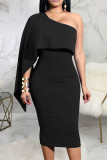 Black Sexy Solid Patchwork Asymmetrical Oblique Collar A Line Dresses