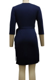 ディープブルー カジュアル ソリッド 包帯 パッチワーク フォールド V ネック ワンステップ スカート ドレス