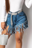 Light Blue Denim Button Fly Sleeveless Mid Solid Old Patchwork Tassel washing Straight shorts