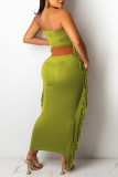 Чернильно-зеленые повседневные однотонные платья с кисточками в стиле пэчворк без бретелек, одношаговая юбка (без пояса)