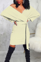 ホワイトカジュアルソリッド包帯パッチワークVネックワンステップスカートドレス