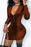 Coffee Fashion Casual Solid Patchwork Zipper Collar Long Sleeve Dresses