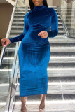 チベットブルーファッションカジュアルソリッドパッチワークジッパーハーフタートルネック長袖ドレス
