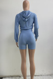 Sky Blue Fashion Sportswear Solid Patchwork Hooded Collar Långärmad Tvådelad