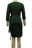 ディープブルー カジュアル ソリッド 包帯 パッチワーク フォールド V ネック ワンステップ スカート ドレス