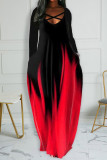 Красные повседневные платья с длинным рукавом и принтом в стиле пэчворк с V-образным вырезом