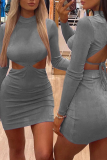 Grey Sexy Solid Hollowed Out Half A Turtleneck Pencil Skirt Dresses