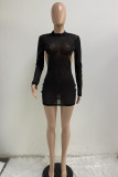 Black Fashion Sexy Solid Hollowed Out O Neck Wrapped Skirt Dresses