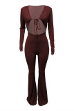 Burgundy Sexy Casual Solid Bandage Hollowed Out V Neck Regular Jumpsuits