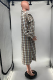 Khaki Fashion Casual Plaid Print Cardigan Turndown Collar Outerwear