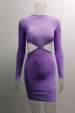 Purple Sexy Solid Hollowed Out Half A Turtleneck Pencil Skirt Dresses