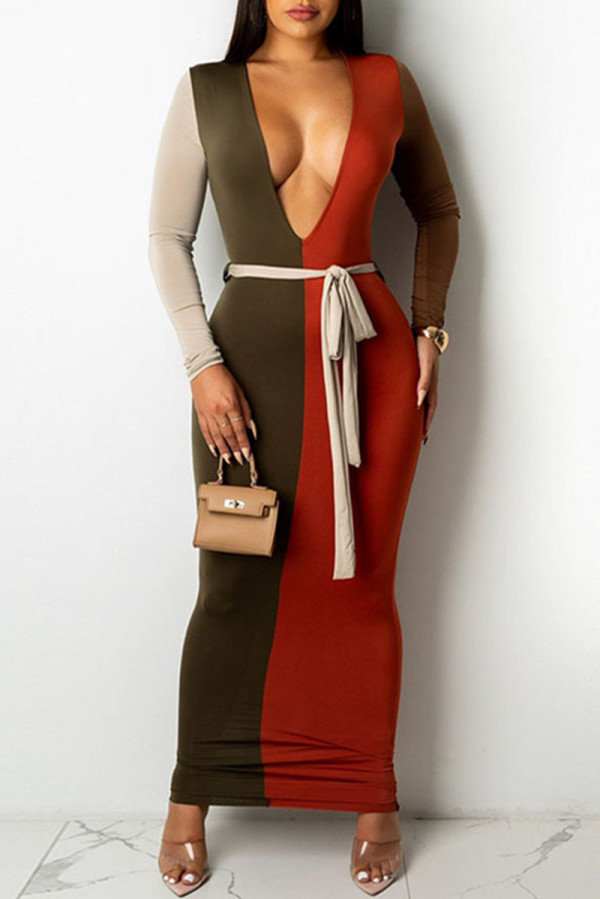 Multicolor Sexy Casual Patchwork With Belt V Neck Long Sleeve Dresses