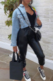 Giacca di jeans regolare a maniche lunghe con colletto rovesciato patchwork con stampa casual alla moda azzurra