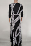 黒と白のファッションカジュアルプリント包帯Vネック長袖ドレス