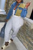 Tiefblaue, modische, lässige, bedruckte, Patchwork-Umlegekragen-Jeansjacke mit langen Ärmeln und normaler Passform