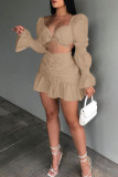 Khaki Sexy Casual Solid Patchwork V Neck Long Sleeve Two Pieces