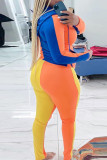 オレンジ ブルー ファッション カジュアル パッチワーク ジッパー フード付き襟長袖 XNUMX 枚
