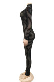 Macacão preto fashion sexy listrado com gola alta e transparente
