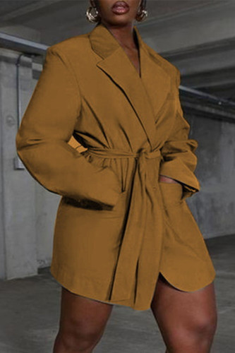 Deep Coffee Fashion Casual Solid Cardigan Turndown Collar Outerwear