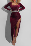 Burgundy Fashion Sexy Solid Slit Square Collar Long Sleeve Dresses