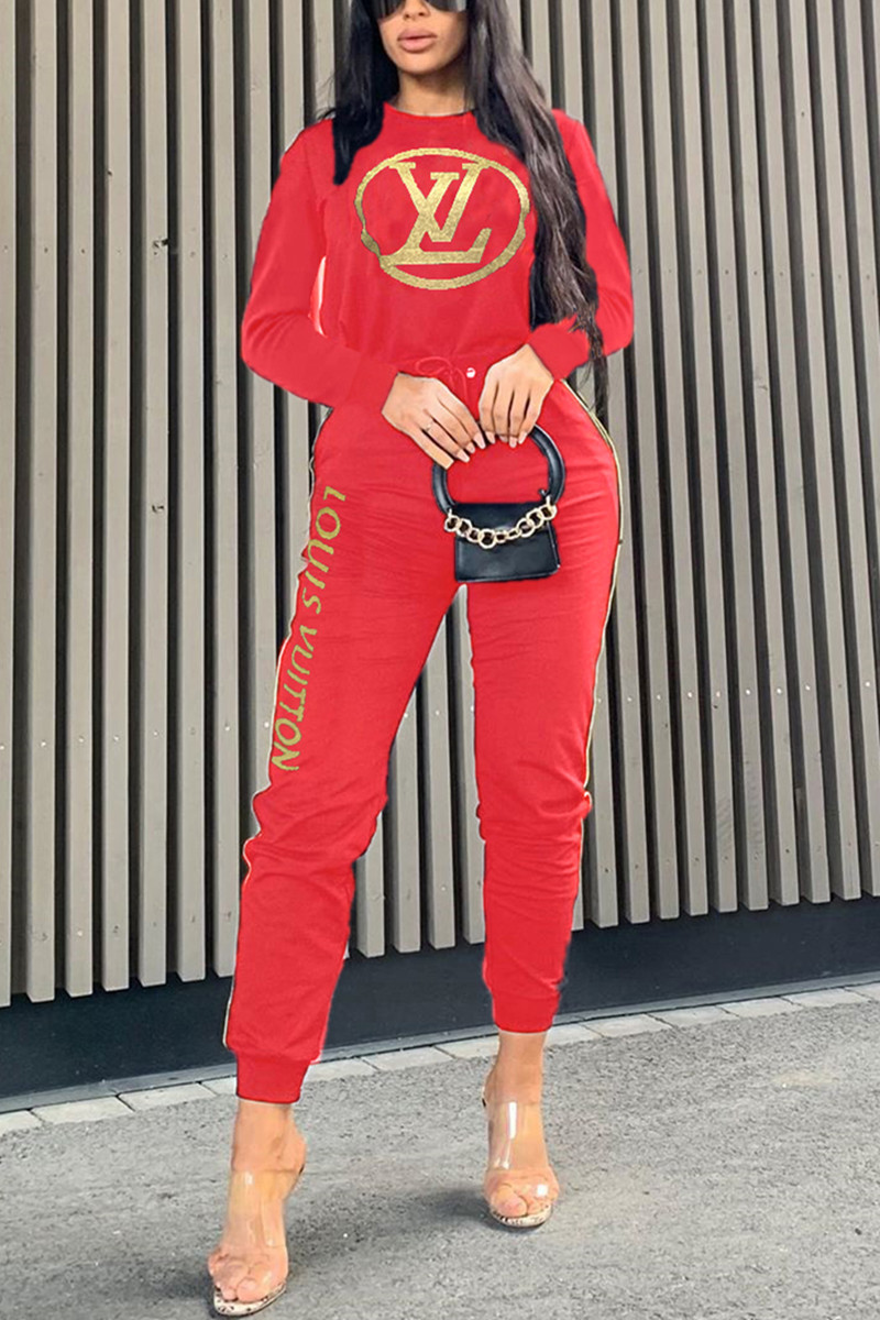 

Tangerine Red Fashion Casual Print Basic O Neck Long Sleeve Two Pieces
