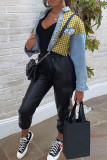 Голубая модная повседневная джинсовая куртка с длинными рукавами и отложным воротником в стиле пэчворк с принтом