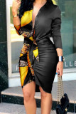 Yellow Sexy African Print Patchwork Buckle Fold Asymmetrical Turndown Collar Dress