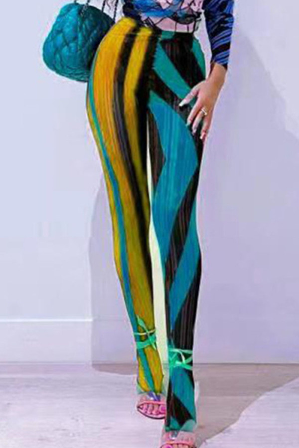 Gelbe, sexy Patchwork-Hose mit geometrischem Muster und hoher Taille und Bleistiftpositionierungsdruck