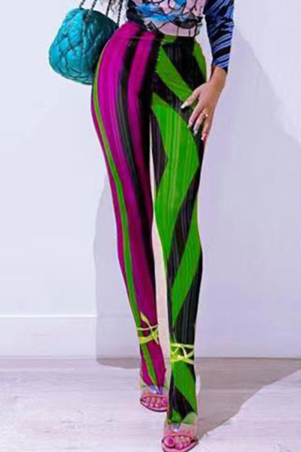 Grüne, sexy Patchwork-Hose mit geometrischem Muster und hoher Taille